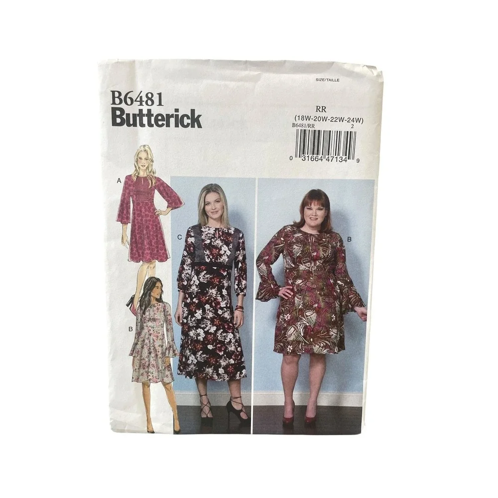 Butterick B6481 Dress Plus Size 18W-24W Bell Sleeve